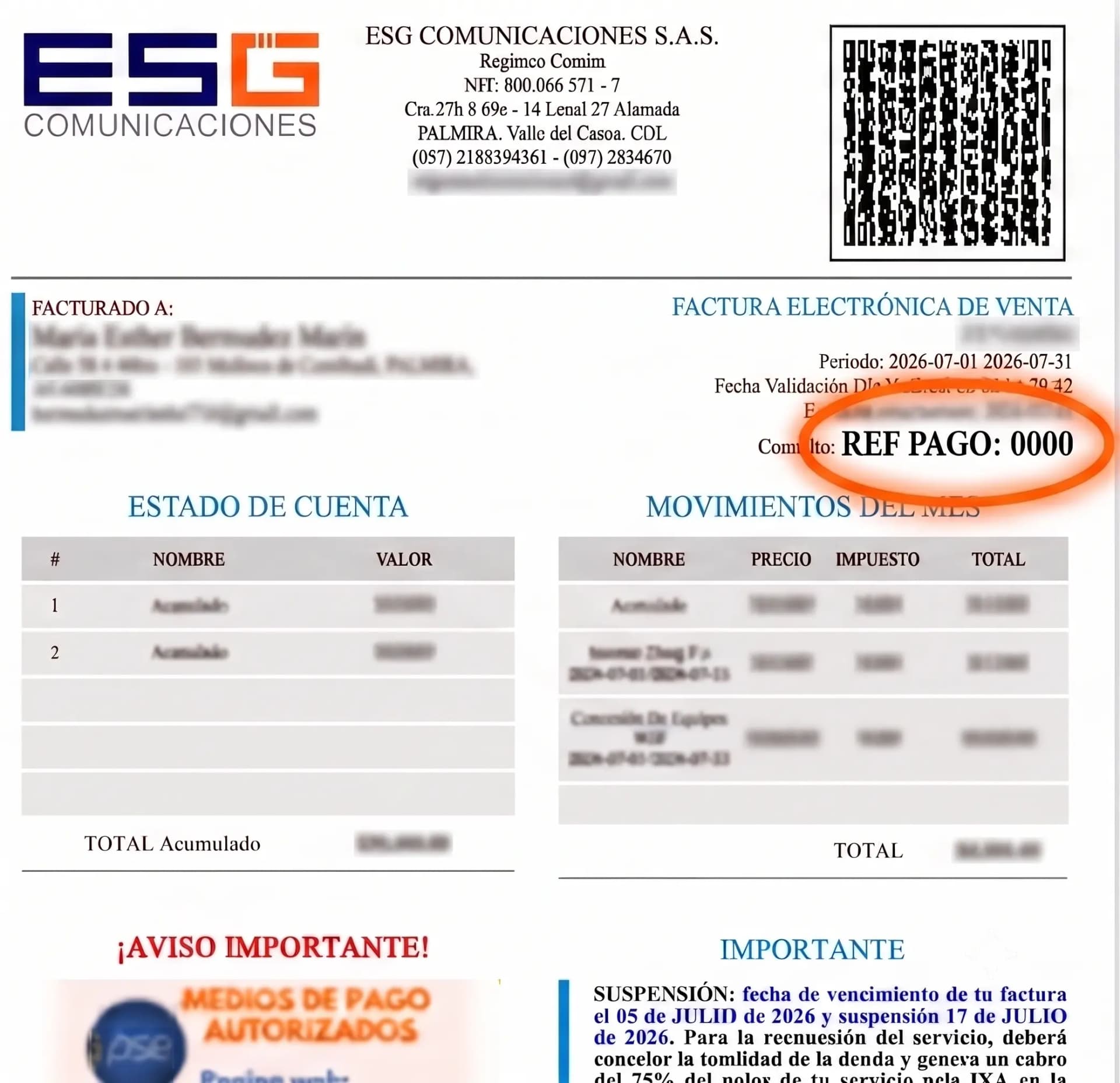 Guía visual de una factura ESG destacando dónde aparece la referencia de pago (REF PAGO)